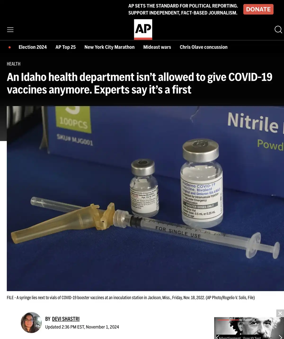 A screenshot of an Associated Press news article about an Idaho health department no longer being allowed to administer…