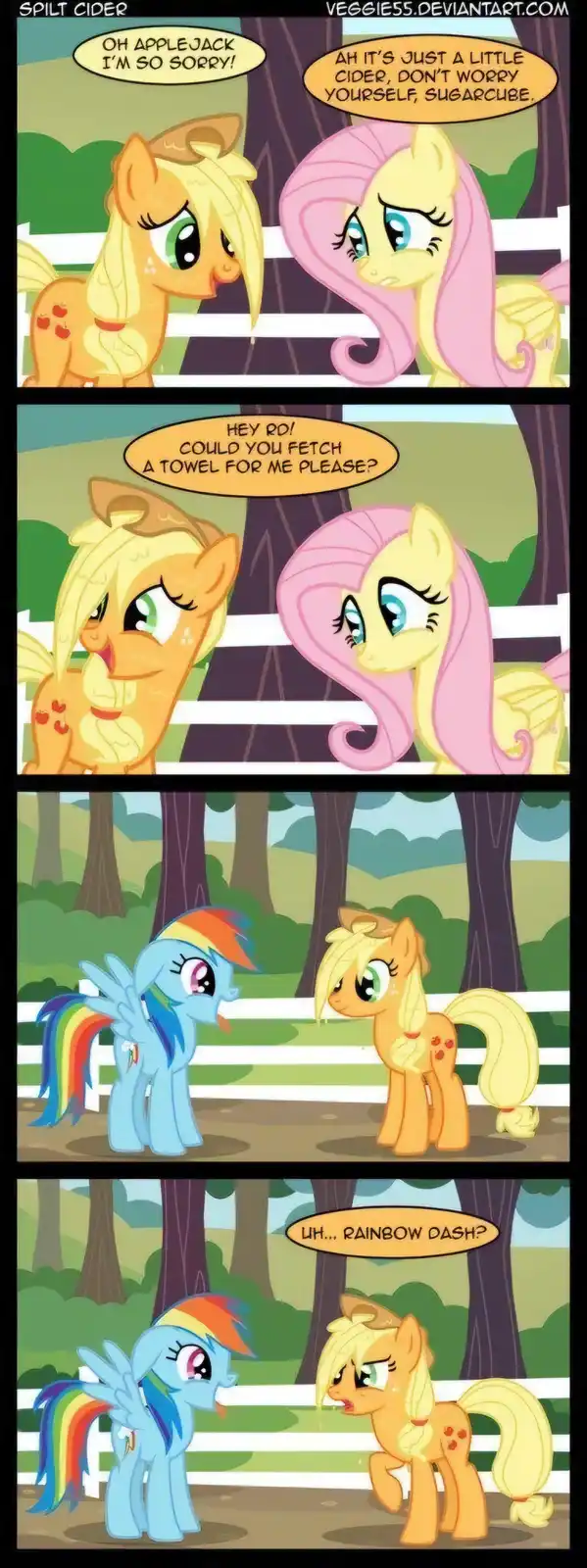 A four-panel comic strip featuring Applejack and Fluttershy from My Little Pony. In the first panel, Applejack apologizes to…