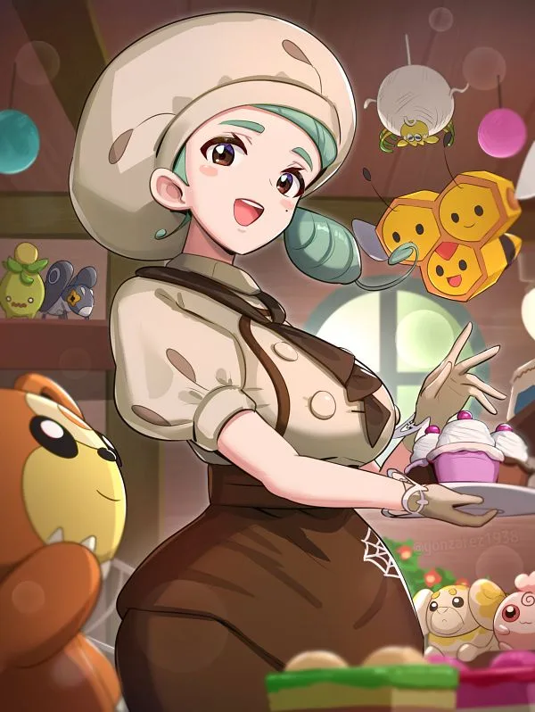 A cheerful anime-style female character with a large mushroom-shaped hat and bee-like antennae holds a tray of cupcakes. She…