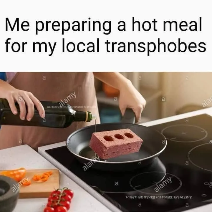 A person wearing an apron pours oil into a frying pan on a stovetop, but instead of food, there is a red brick with three…
