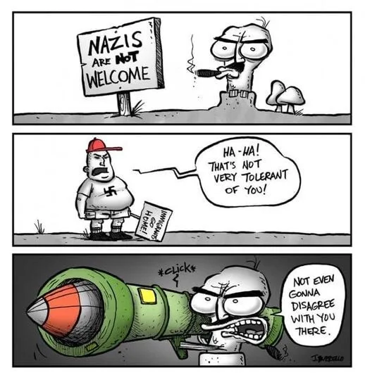 A three-panel comic strip shows a man in a trench coat smoking near a sign that reads 'NAZIS ARE NOT WELCOME'. In the next…