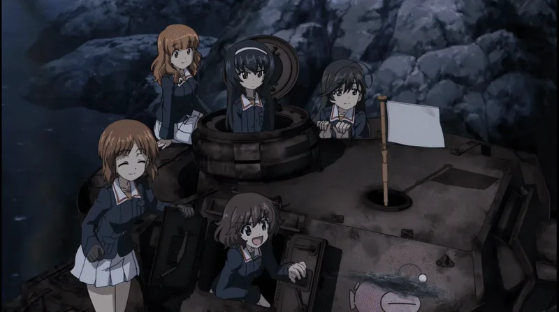 The image is a six-panel anime meme from 'Girls' Frontline' showing four girls in school uniforms on a tank. The top row…