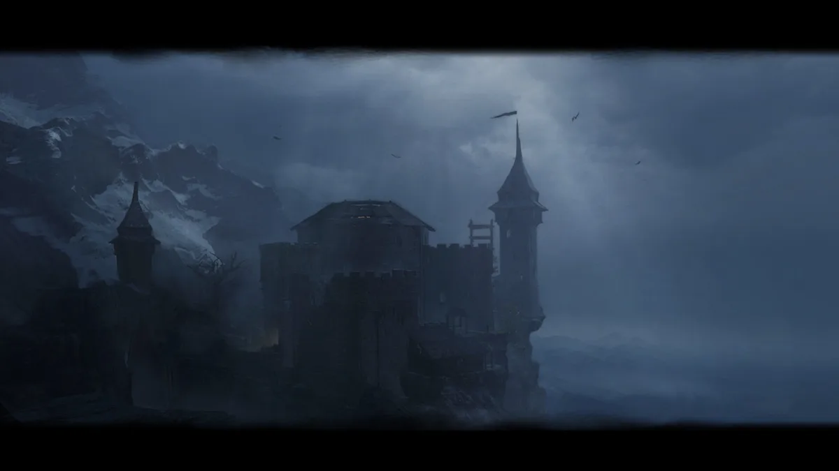 A dark, atmospheric image of a gothic-style castle perched on a cliffside against a stormy, cloudy sky with snow-capped…