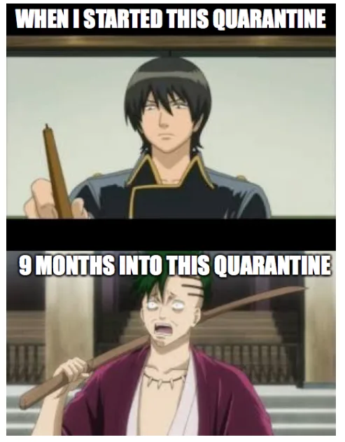 The meme features two panels from the anime 'Gintama'. The top panel shows a calm, composed character holding a stick. The…
