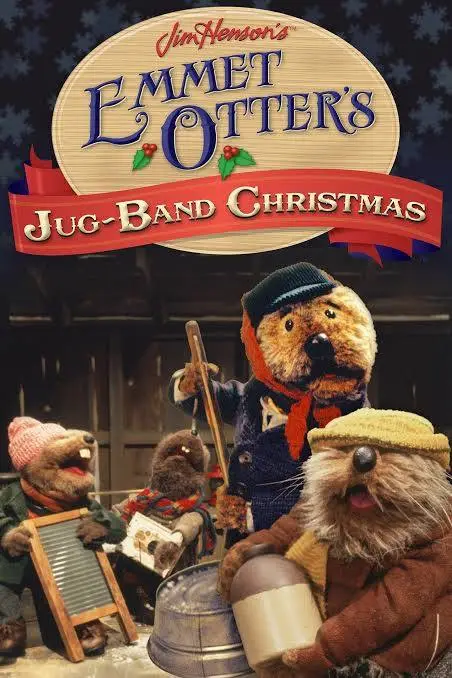 A promotional poster for Jim Henson's 'Emmet Otter's Jug-Band Christmas' featuring three furry puppet otters playing musical…