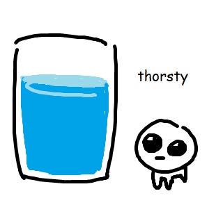 A simple, hand-drawn cartoon shows a glass of blue liquid next to a small, round, wide-eyed character with a neutral…