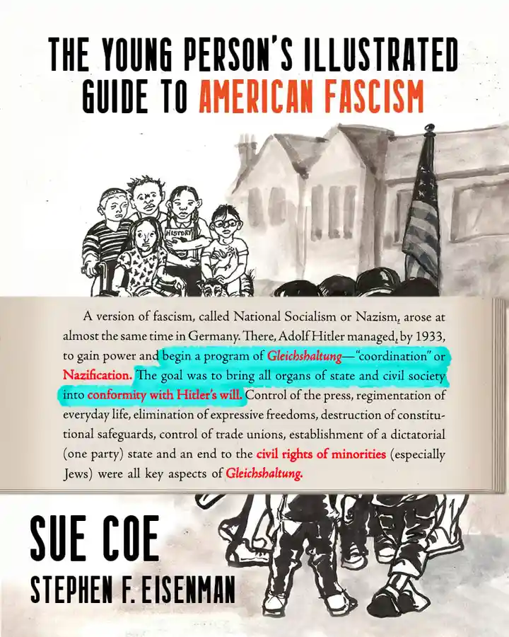 An image mimicking a book cover titled 'THE YOUNG PERSON'S ILLUSTRATED GUIDE TO AMERICAN FASCISM' with a sketch of children…