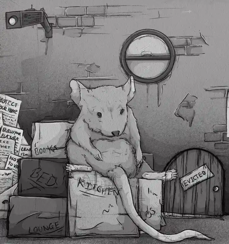 A grayscale cartoon mouse sits atop labeled moving boxes like 'BED', 'KITCHEN', and 'LOUNGE' in a dilapidated room with a…