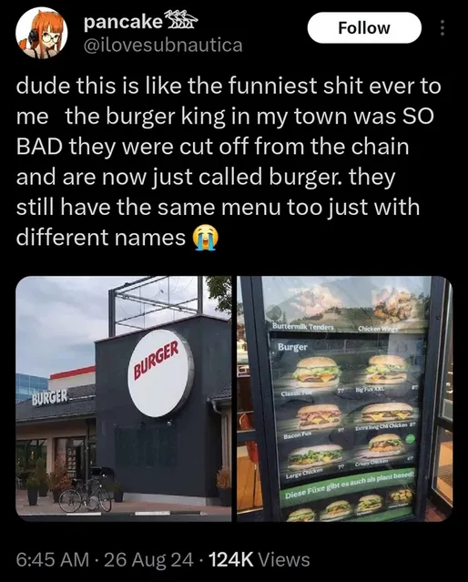 The image shows a split-screen: on the left, a building with a large circular sign that reads 'BURGER' and a smaller sign…