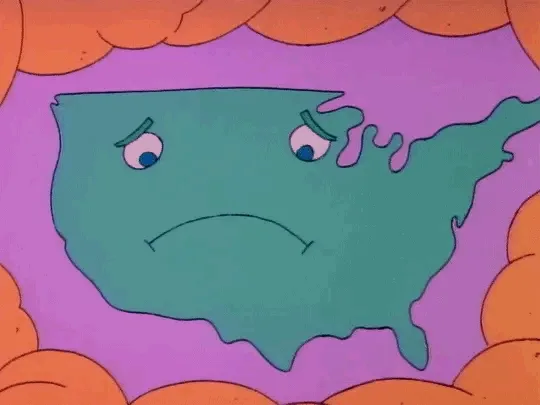 The image shows a cartoon map of the United States with a sad, droopy face, set against a purple background with orange…