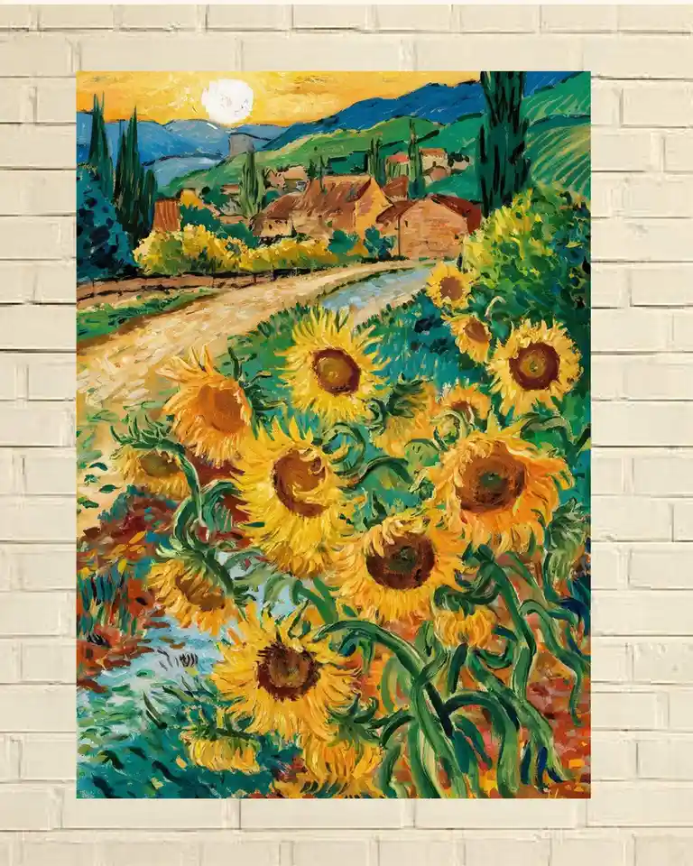 A painting of sunflowers in a field with a village and mountains in the background, framed against a white brick wall. The…