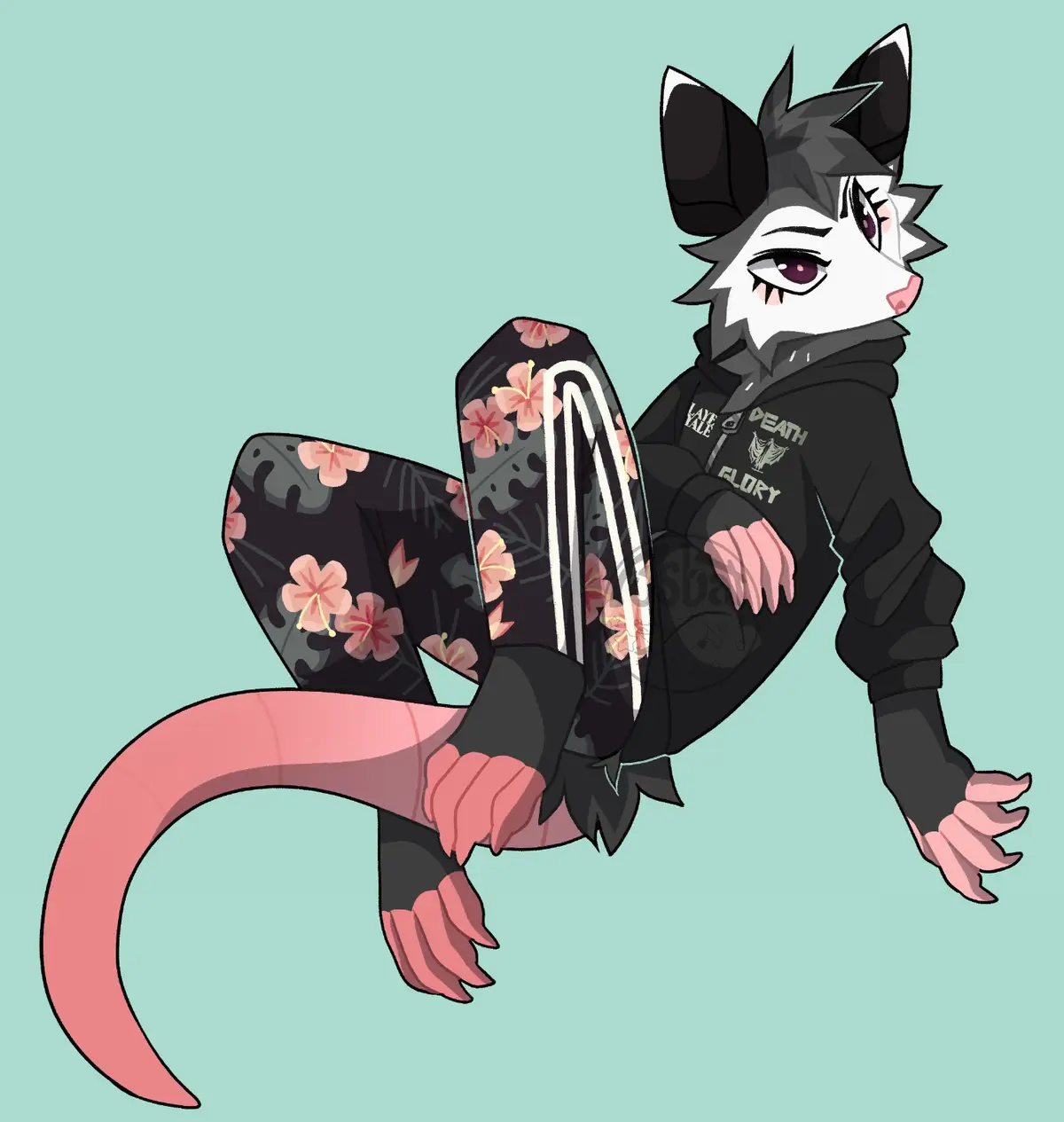 An anthropomorphic cat-like creature with black and white fur, purple eyes, and a long pink tail is lounging while wearing a…