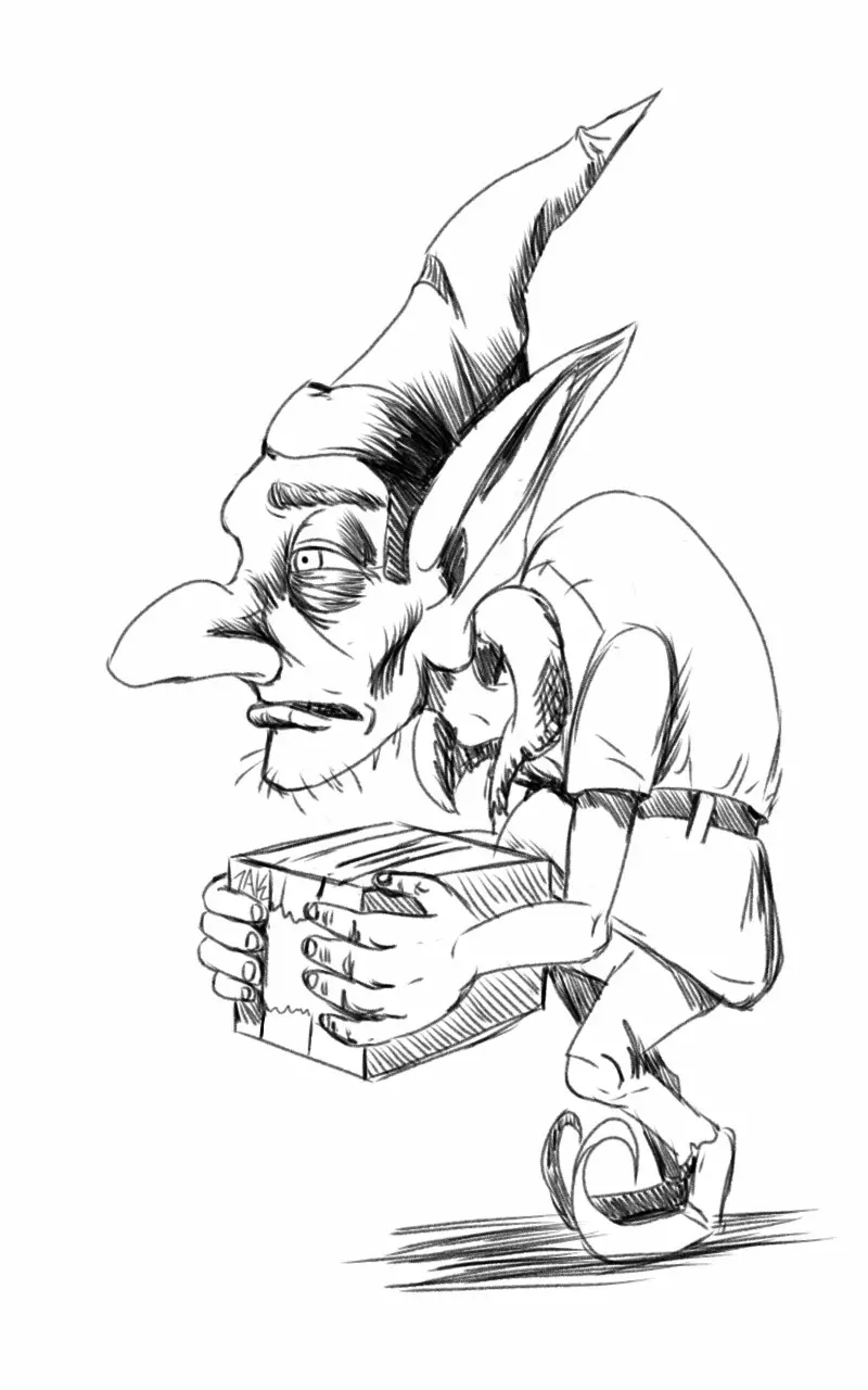 A black-and-white sketch shows a cartoonish goblin-like creature with a pointed hat, large ears, and a long nose, crouching…
