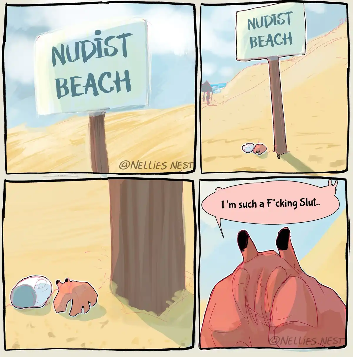 A four-panel comic shows a hermit crab approaching a 'NUDIST BEACH' sign, then removing its shell to reveal its bare body…