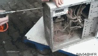 A sequence of six images shows a person using a high-pressure water gun to clean the inside of an open computer case…
