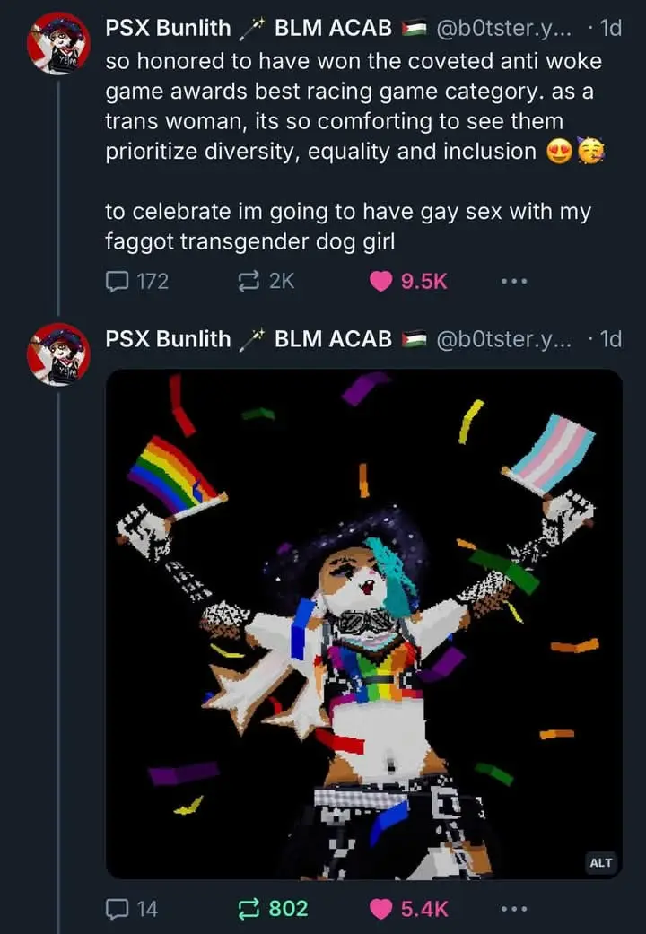 A pixelated image of a dog character with blue hair, wearing a rainbow crop top and holding rainbow and trans pride flags…