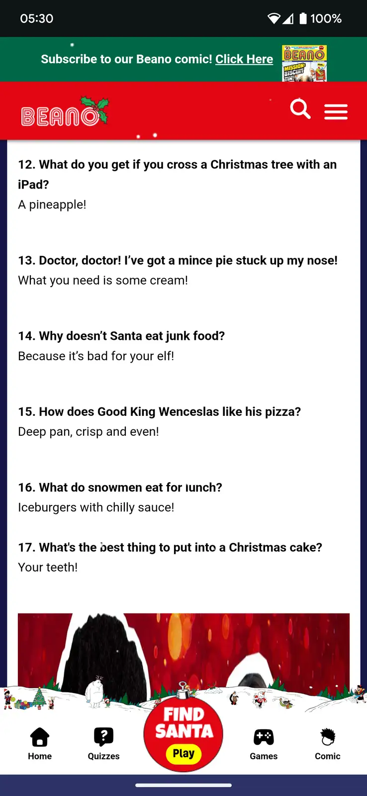 A screenshot of the Beano website displaying a list of Christmas-themed puns, with the first joke being 'What do you get if…