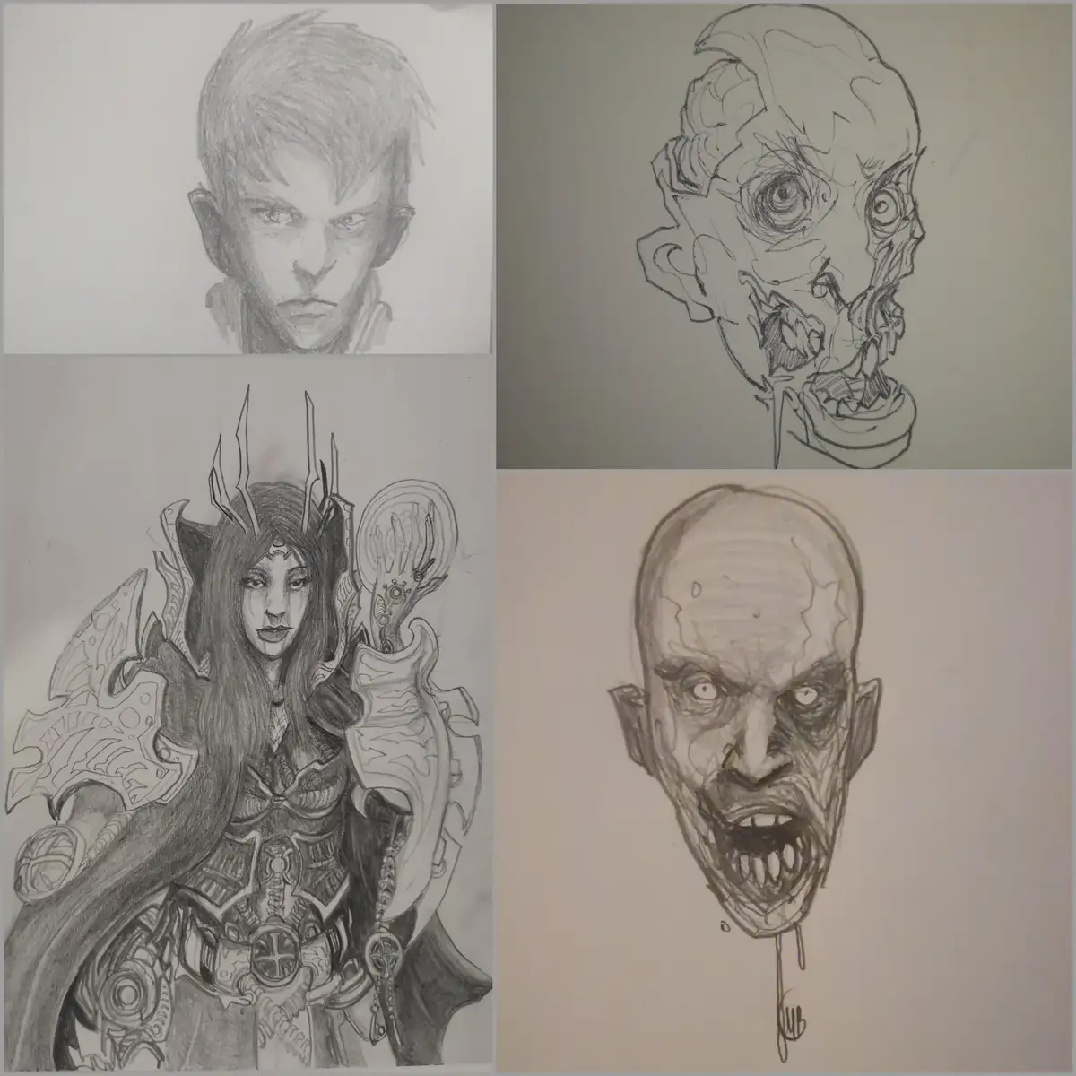 A collage of four pencil sketches: top-left is a realistic human portrait, top-right is a grotesque, melting demon face…