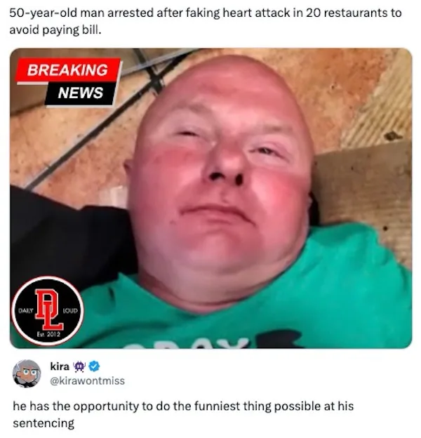 A bald man with flushed cheeks lies on his back, wearing a green t-shirt, under a 'BREAKING NEWS' graphic. The overlaid text…