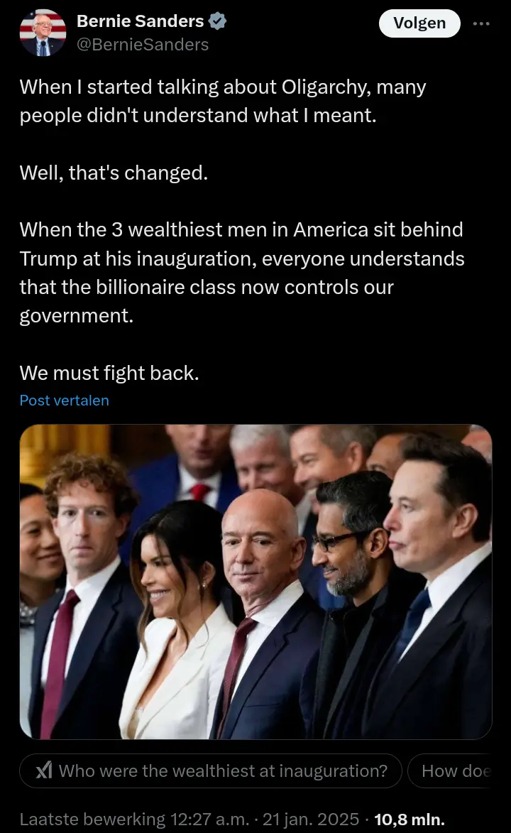 A screenshot of a tweet by Bernie Sanders showing a photo of several prominent billionaires, including Mark Zuckerberg…