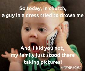 A baby with a green bow on its head holds a phone to its ear, looking shocked, while text overlaid on the image reads: 'So…