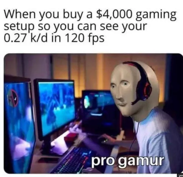 A person wearing a blank-faced mannequin head sits at a multi-monitor gaming station with RGB lighting, typing on a keyboard…