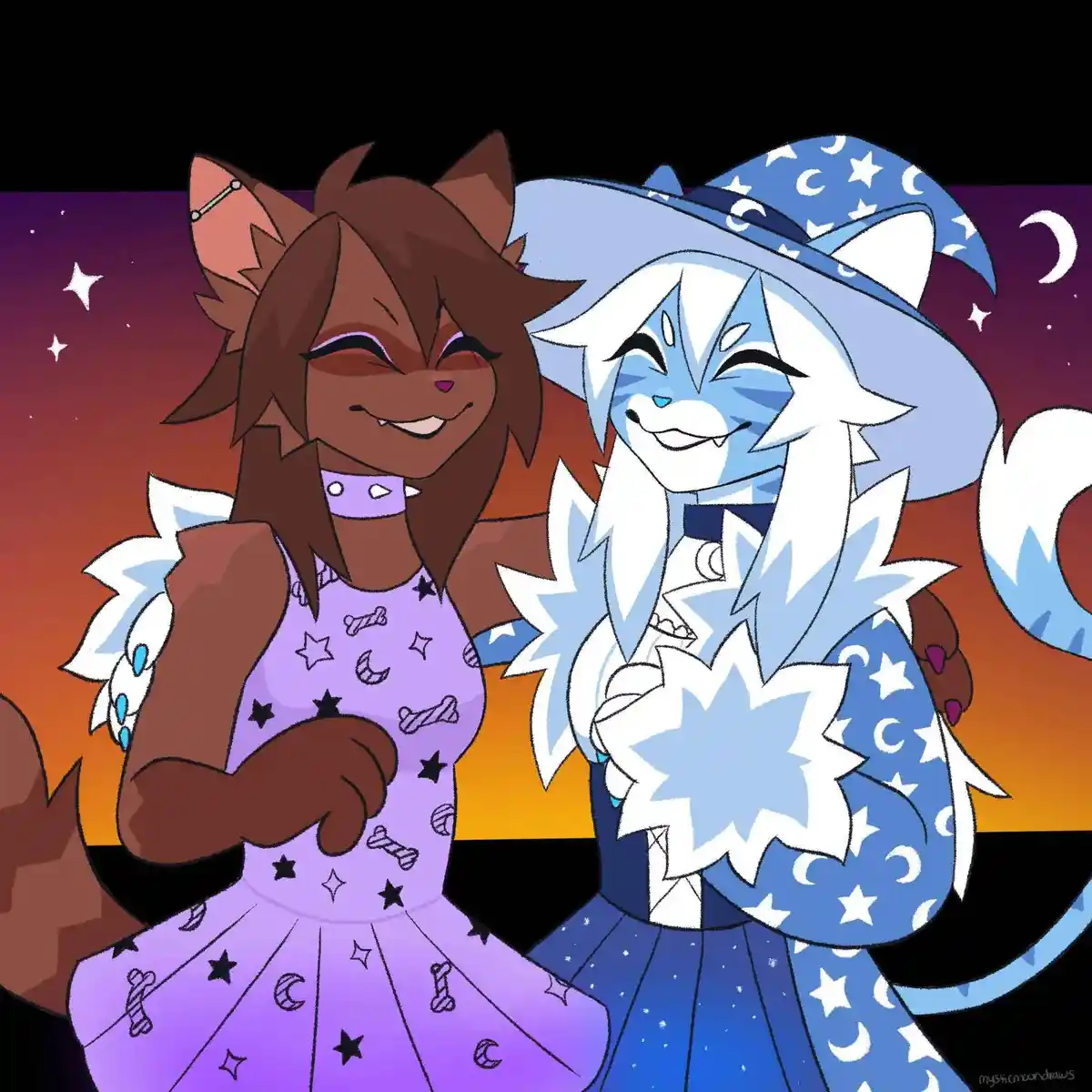 Two anthropomorphic cat characters, one brown with a purple dress and the other blue with a starry hat, are smiling happily…