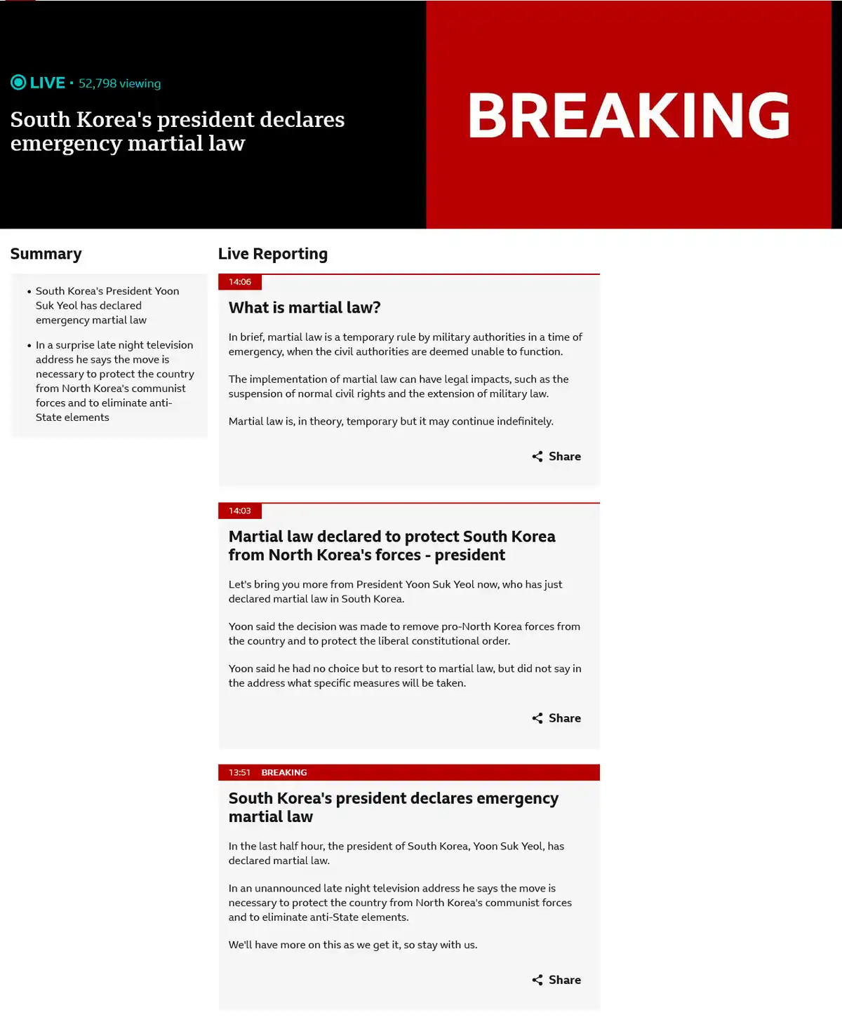 A screenshot of a news website's live reporting page shows multiple breaking news alerts about South Korea's president…
