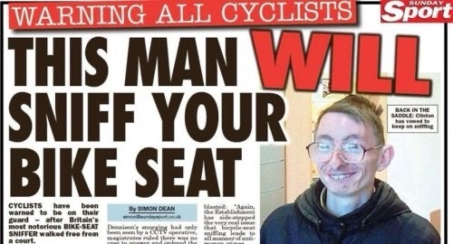 A newspaper-style headline reads 'WARNING ALL CYCLISTS THIS MAN WILL SNIFF YOUR BIKE SEAT' above a photo of a smiling man…