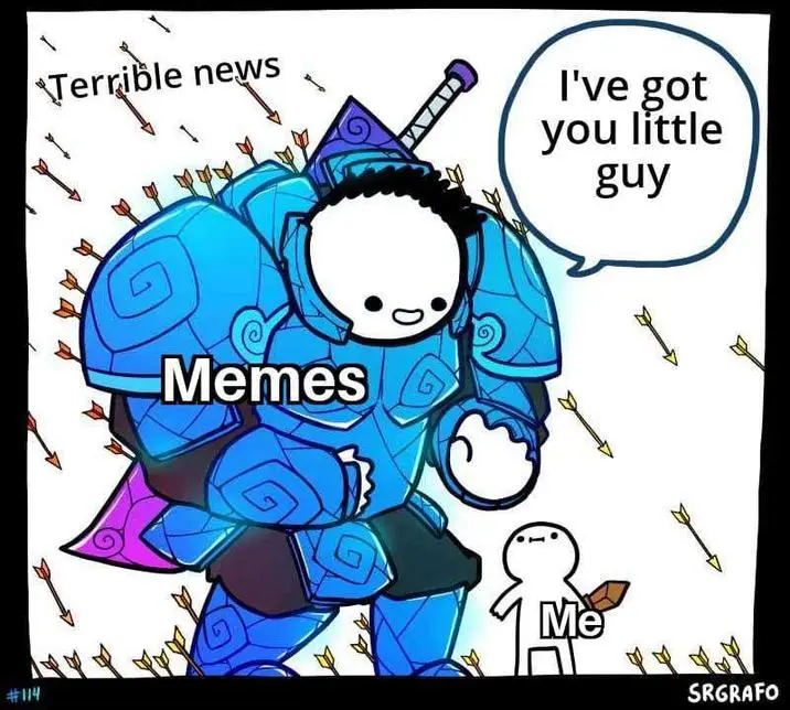 A cartoon character in blue armor, labeled 'Memes', stands surrounded by arrows while saying 'I've got you little guy' to a…