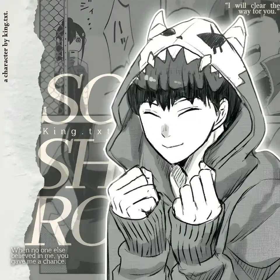 A black-and-white anime-style illustration shows a smiling young man in a tiger-themed hoodie, fists clenched in…
