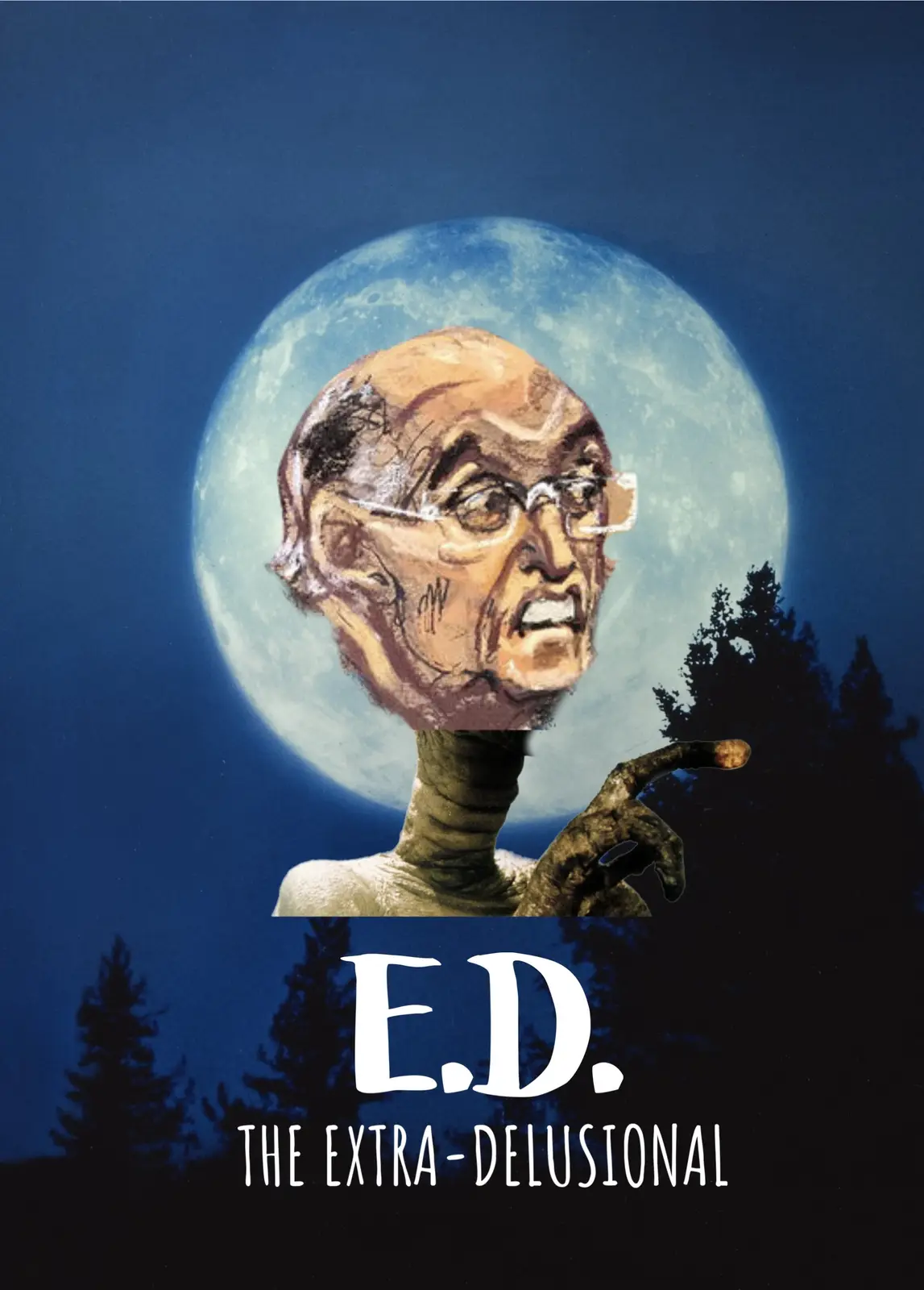 A digitally altered image shows a grotesque, elongated alien creature with a human-like head superimposed over a large blue…