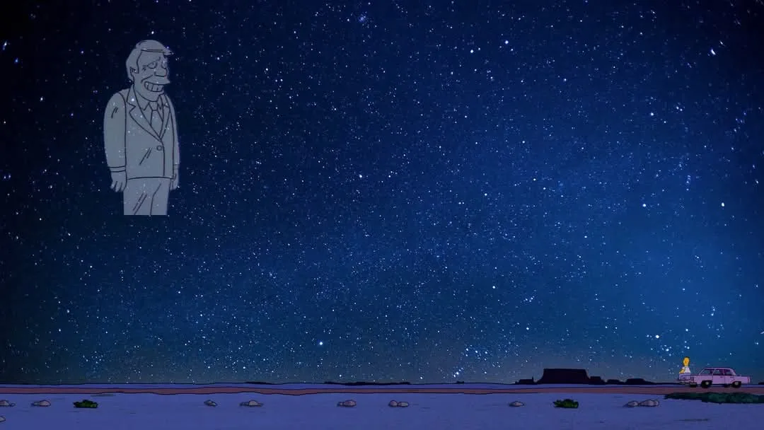 A still from The Simpsons shows a giant, floating, smiling cartoon man in a suit hovering over a starry night sky above a…