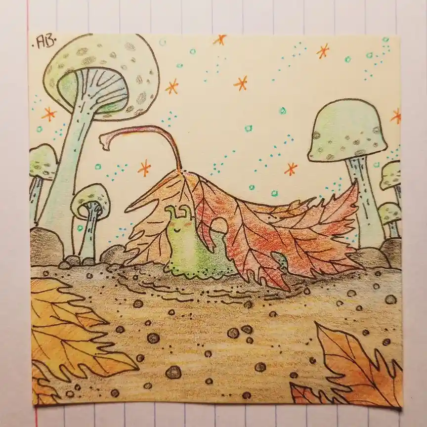 A hand-drawn, colorful illustration on lined notebook paper depicts a small, green, smiling cartoon creature peeking out…
