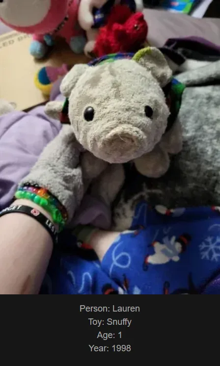 A close-up photo shows a person's arm resting on a bed, holding a worn, grey plush pig toy named 'Snuffy'. The toy has black…