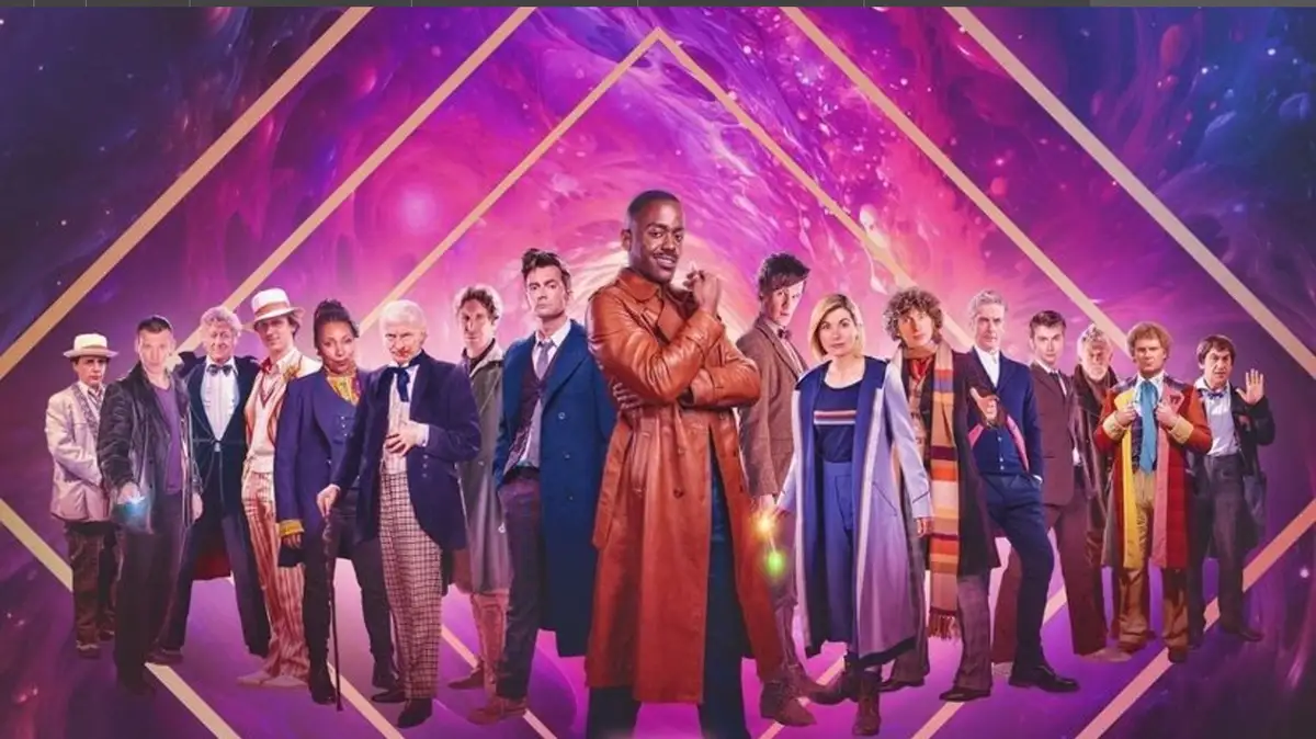A promotional image for the TV show Doctor Who features a lineup of its various incarnations of the titular character, all…