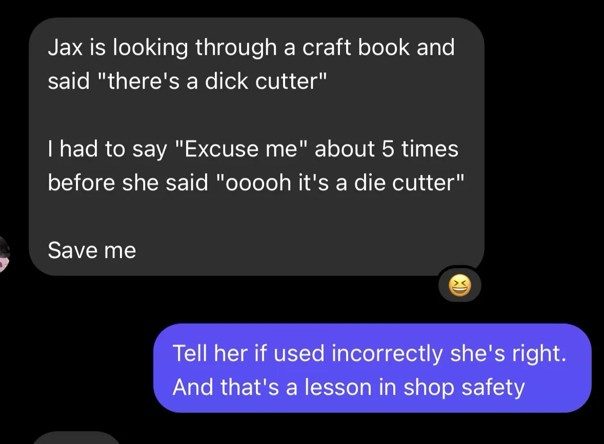 A screenshot of a text conversation where one person recounts a child mispronouncing 'die cutter' as 'dick cutter' while…