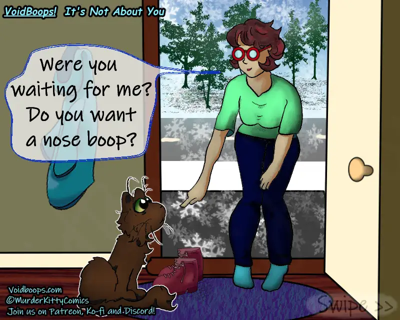 A cartoon woman with red glasses and a green shirt stands in a doorway with snow visible outside, smiling and gesturing…