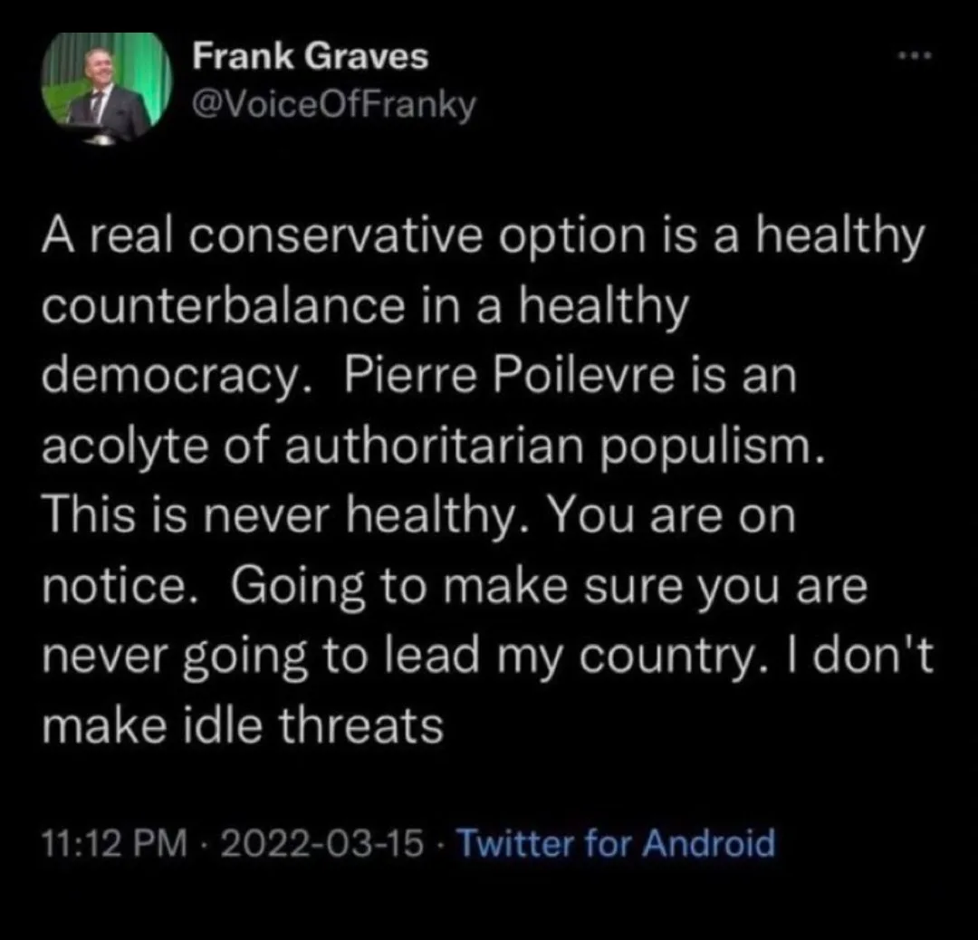 A screenshot of a tweet from Frank Graves (@VoiceOfFranky) dated March 15, 2022, which reads: 'A real conservative option is…