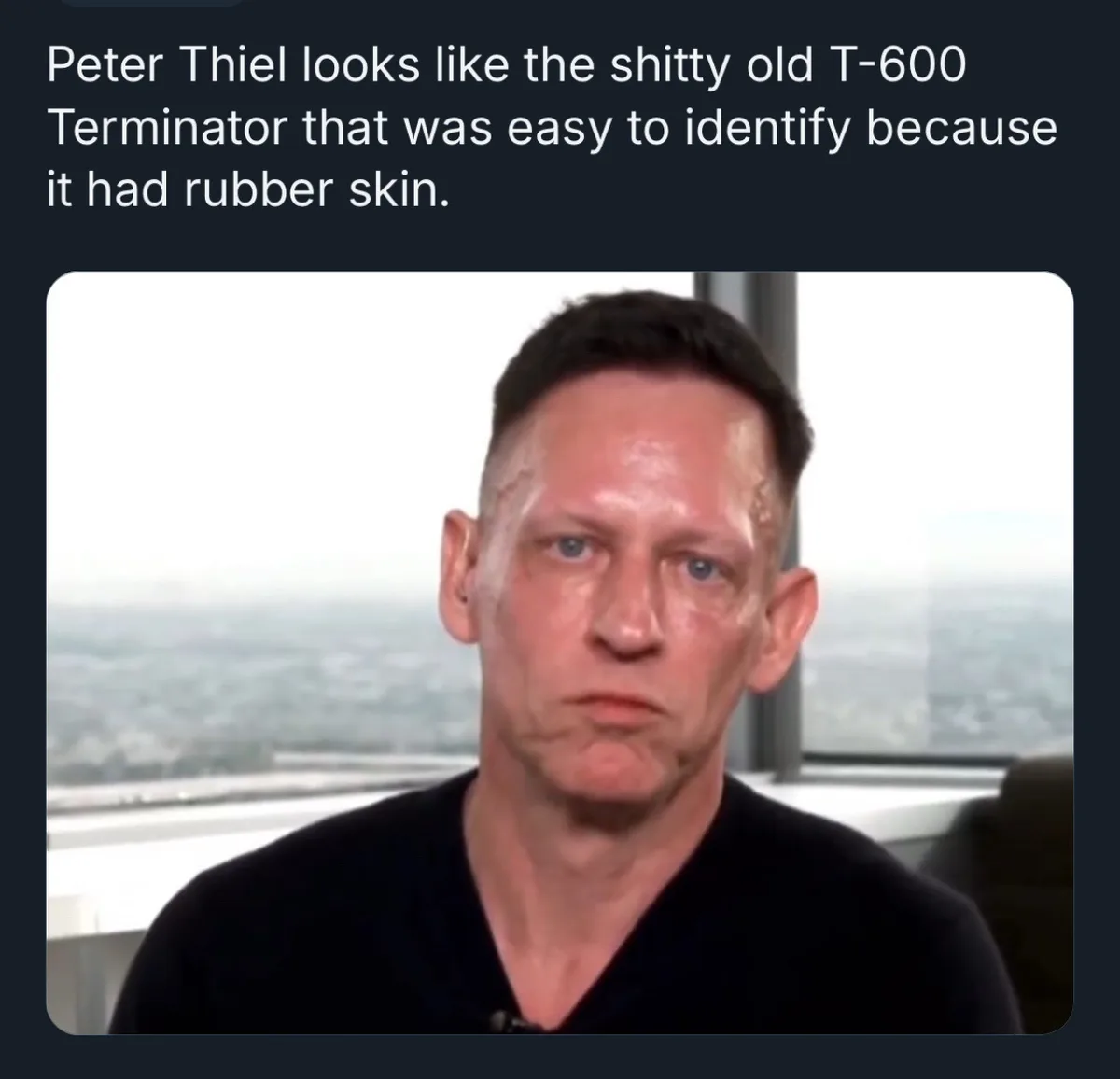 A close-up photo of Peter Thiel, who has a stern expression and visible wrinkles, wearing a black shirt. The overlaid text…