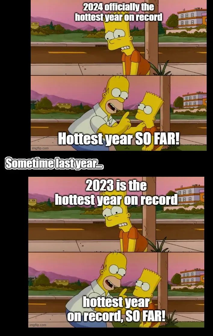 A four-panel Simpsons meme showing Bart and Homer in the same setting. In the first two panels, Bart says '2024 officially…