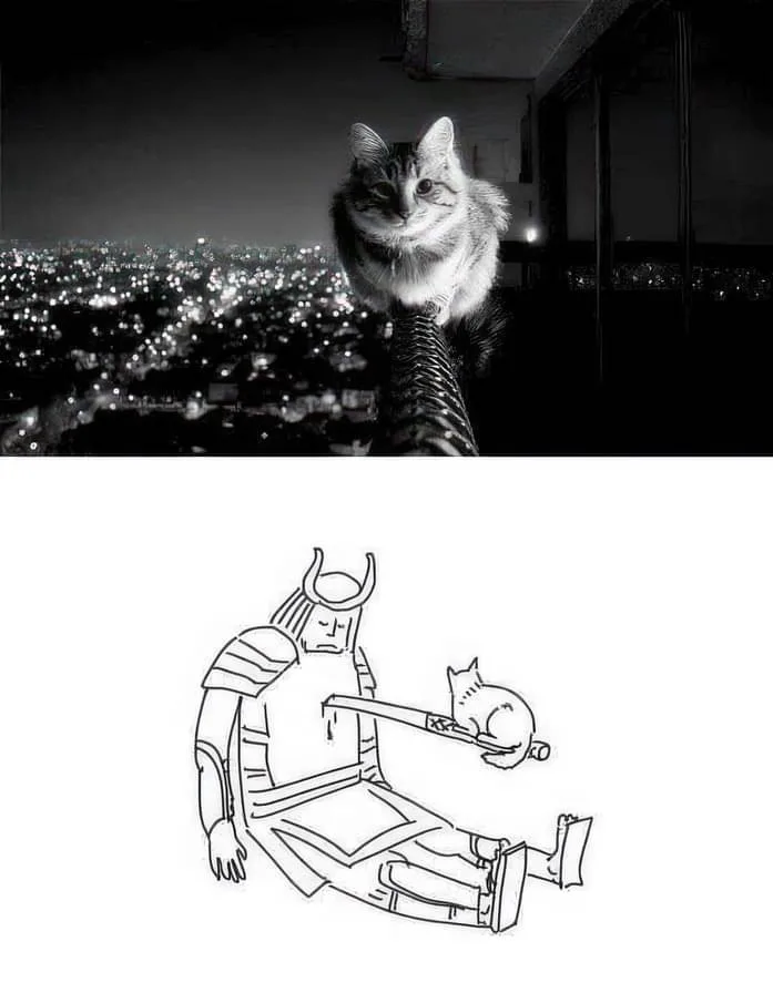 A black-and-white photo shows a tabby cat perched on a narrow ledge overlooking a sprawling city at night, looking directly…