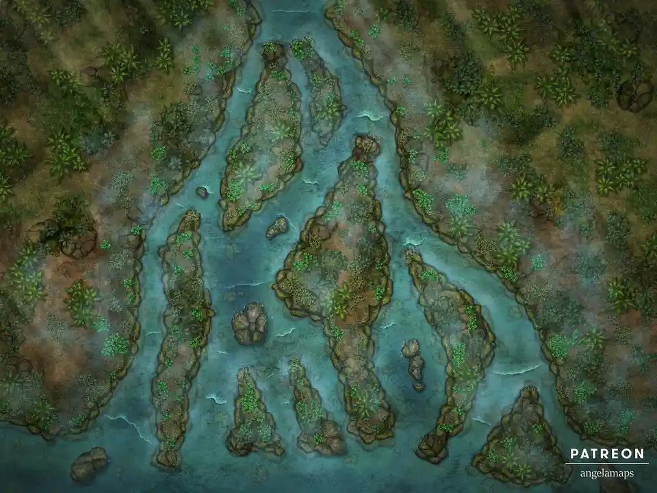 An overhead view of a fantasy map showing a winding river with numerous rocky islands covered in green vegetation…