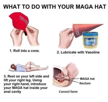 The image displays a four-panel instructional diagram with hands performing actions on a red MAGA hat. Panel 1 shows hands…