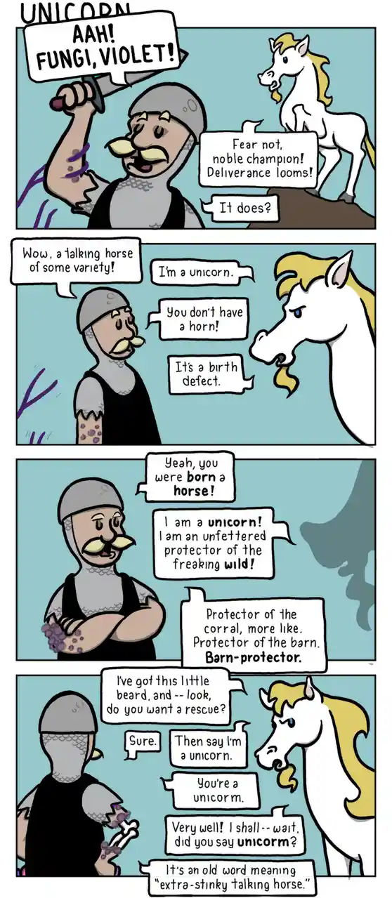 A four-panel comic strip shows a knight with purple fungus on his skin encountering a white horse with a blonde mane. The…
