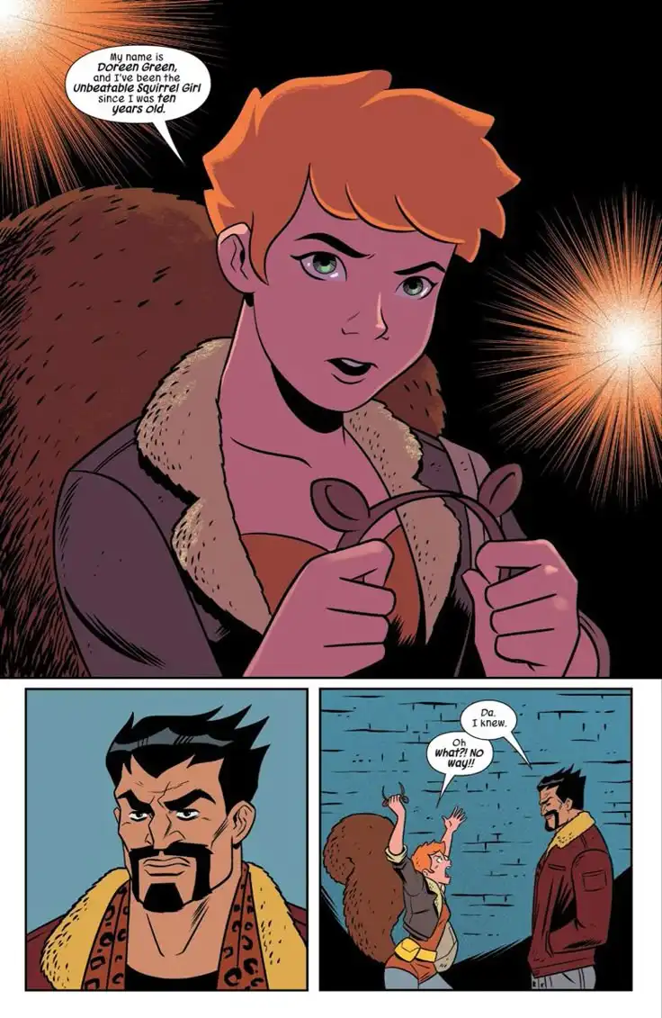 A comic panel featuring Doreen Green, the Unbeatable Squirrel Girl, introducing herself with a speech bubble. Below, two…