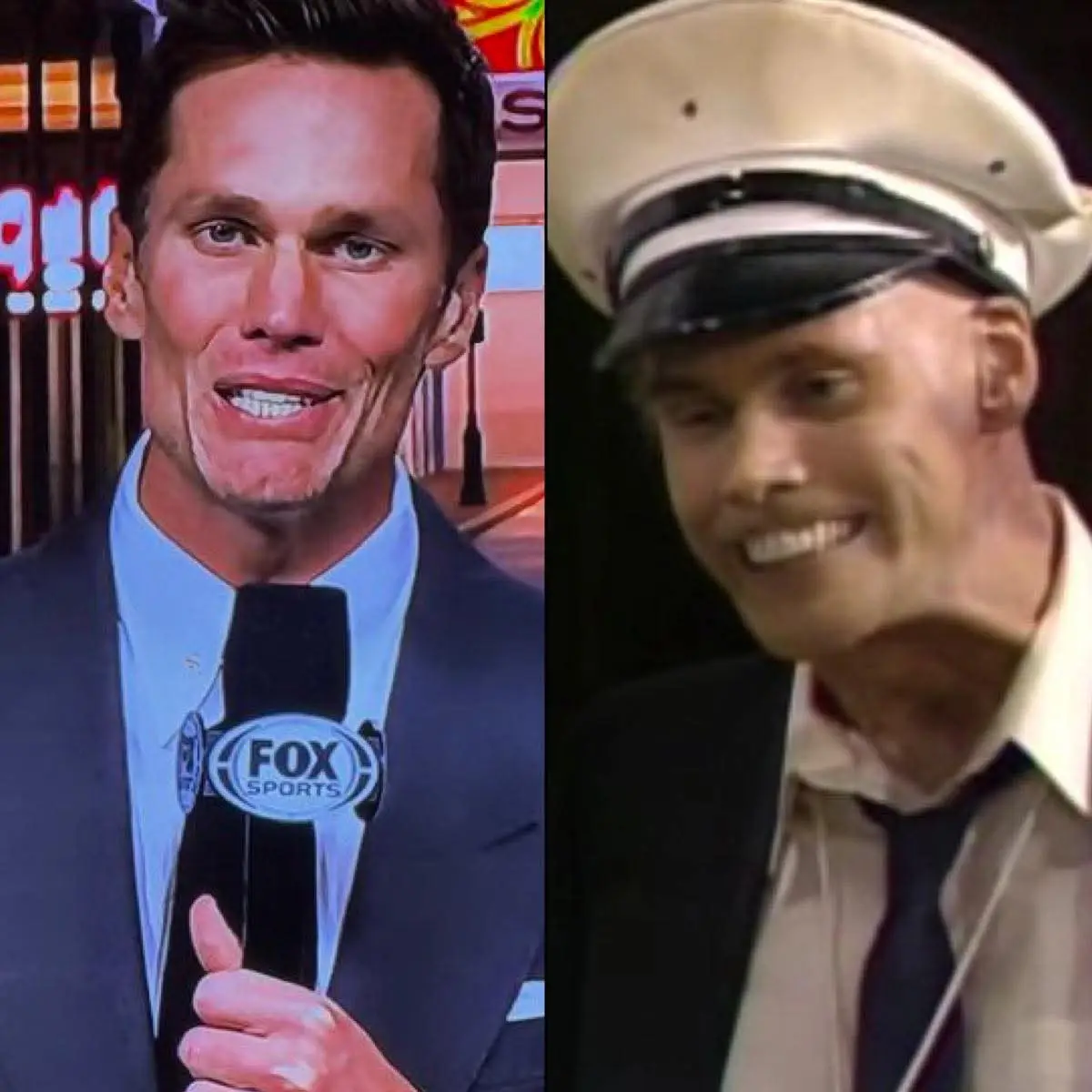 The image is a split-screen meme. On the left, Tom Brady, wearing a suit and holding a Fox Sports microphone, smiles broadly…