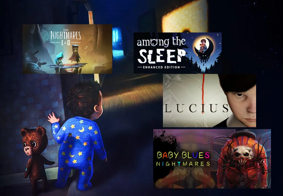 A child in blue pajamas with star and moon patterns stands in a dimly lit hallway, holding a teddy bear, while four horror…