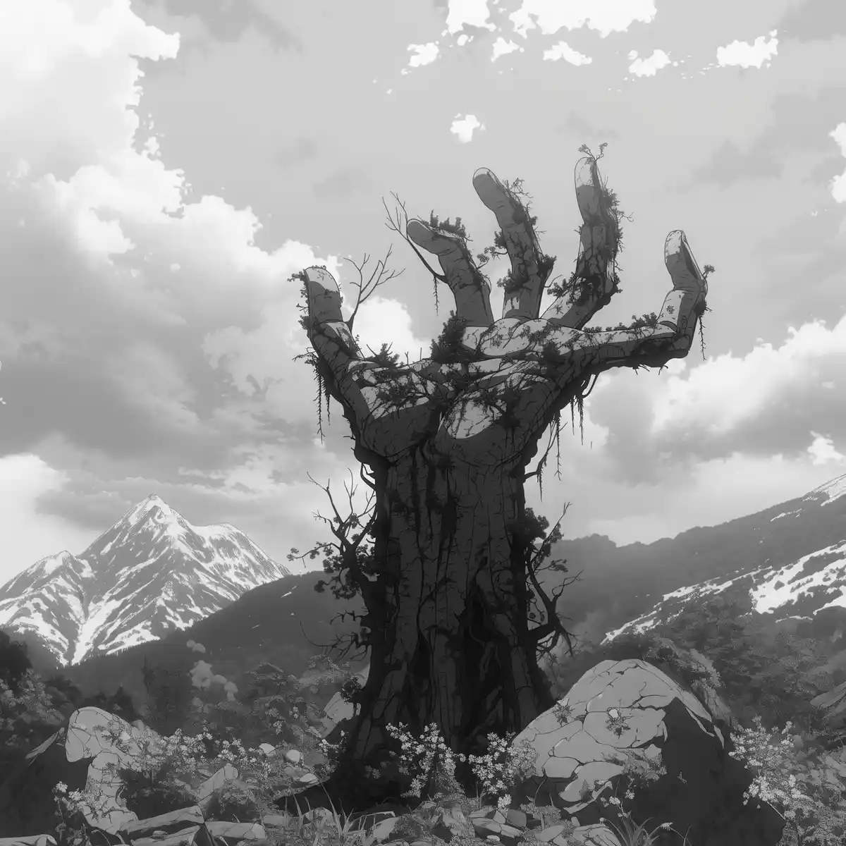 A grayscale, stylized illustration shows a massive, gnarled tree whose upper branches form the shape of a human hand…