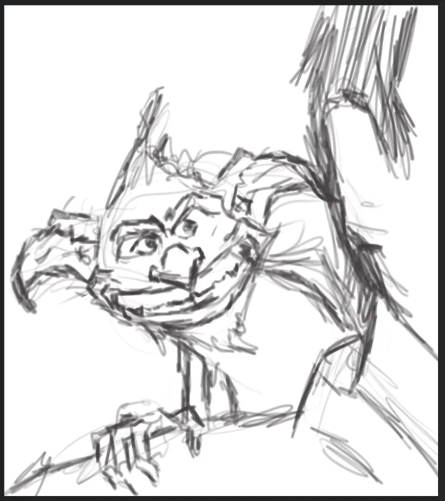 A rough, black-and-white sketch depicts a humanoid figure with multiple spider-like limbs and a distorted, angry face. The…